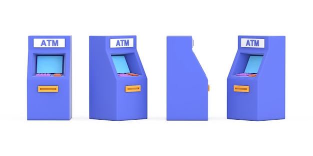 Conceito de Tecnologia de Negócios Azul Desenhos Animados Máquina de Depósito ATM Renderização em 3D