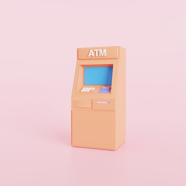 Conceito de tecnologia de negócios de máquina ATM laranja, estilo de desenho animado abstrato, ilustração 3D render