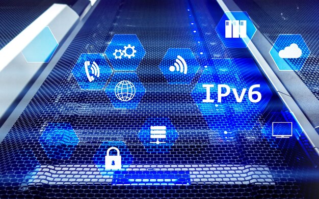 Conceito de tecnologia de rede IPv6 no fundo da sala do servidor