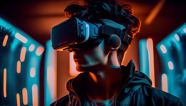 Conceito de tecnologia digital de realidade virtual Homem usando óculos de fone de ouvido 3d VR olha para o mundo digital Realidade virtual