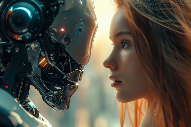 Conceito de Tecnologia do Futuro Face-to-Face Humano e Robô