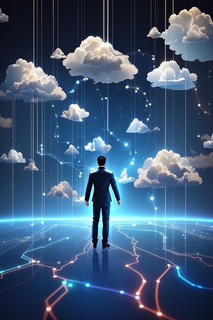 Conceito de tecnologia em nuvem homem digital alcançando linha conectada futurista