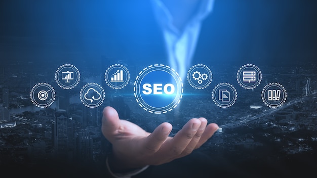 Conceito de tecnologia empresarial seo search engine optimization marketing digital