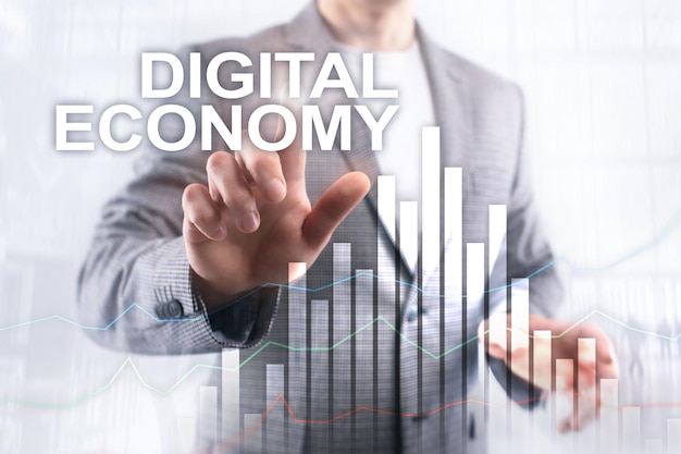 Conceito de tecnologia financeira de economia digital em fundo desfocado