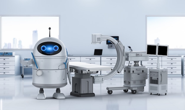 Conceito de tecnologia médica com robô android de renderização 3D com máquina C-Arm