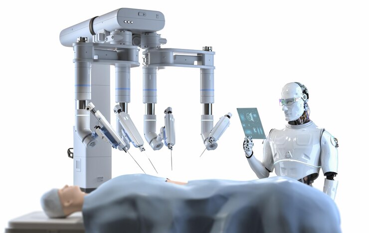 Foto conceito de tecnologia médica com robô médico com cirurgia assistida por robô na sala de cirurgia