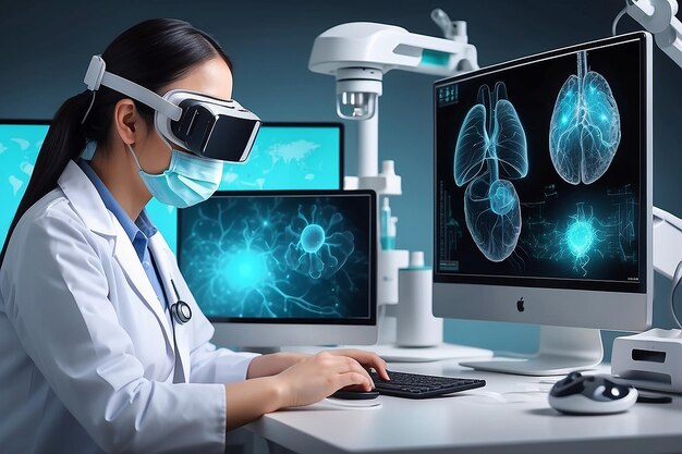 Foto conceito de tecnologia médica médico trabalhando com exame de médico infeccioso e triagem para o novo coronavirus2019 ncov com ícone vr