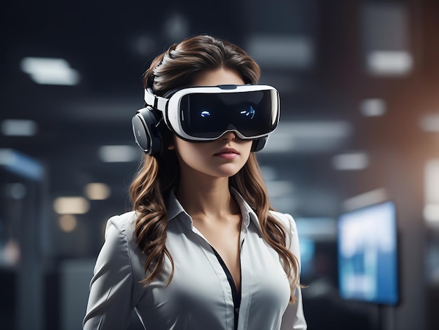 Conceito de tecnologia metaverso mulher com óculos de realidade virtual vr está trabalhando no escritório