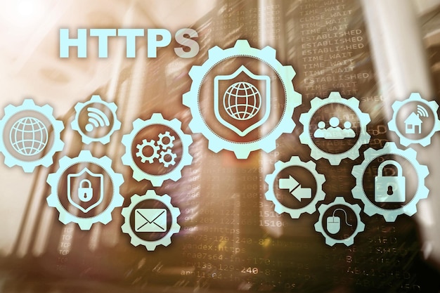 Conceito de tecnologia segura de protocolo de transporte de hipertexto HTTPS no ícone virtual de fundo da sala de servidores para serviço de web de segurança de rede