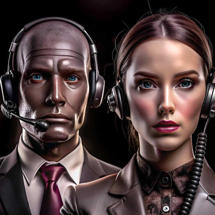 Conceito de telemarketing de IA com uma IA realista e um agente humano usando fones de ouvido que simbolizam o futuro do serviço ao cliente e da comunicação