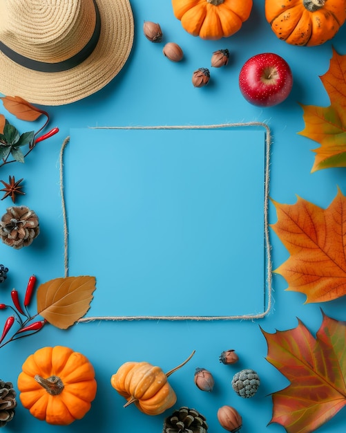 Foto conceito de temporada de outono com moldura vintage abóboras folhas e chapéu em fundo azul com cópia