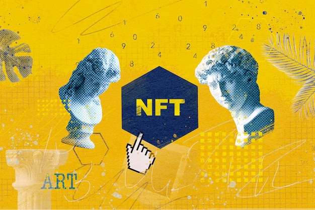 Conceito de token e blockchain NFT com estátuas