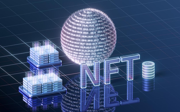 Conceito de tokens não fungíveis NFT com renderização 3d de fundo escuro