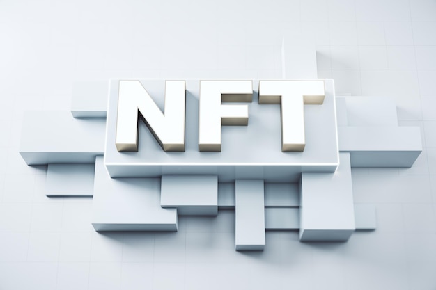 Conceito de tokens não fungíveis NFT Palavra NFT em quadro de luz em renderização 3D de fundo de tecnologia abstrata
