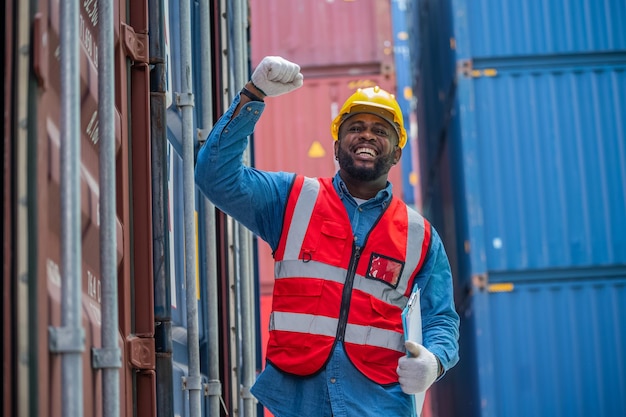 Conceito de trabalhador afro-americano Trabalhador afro-americano trabalhando em contêineres de armazém para exportação de importação logística