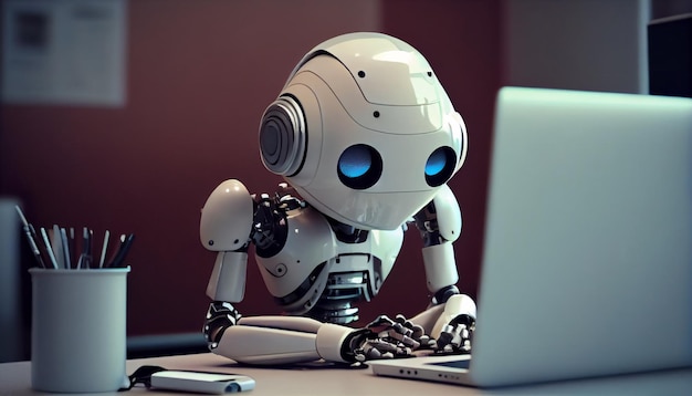 Conceito de trabalhador de automação com cyborg de renderização 3d ou trabalho de robô no computador desktop