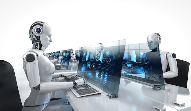 Conceito de trabalhador de automação com renderização em 3d ciborgues femininos trabalhando no escritório