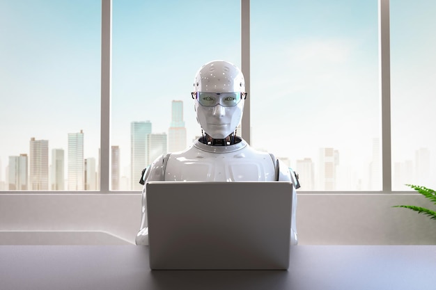 Conceito de trabalhador de automação com robô ai de renderização 3d trabalhando em escritório inteligente