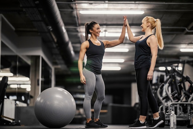 Conceito de trabalho em equipe A personal trainer feminina está dando mais cinco a uma esportista que alcançou progresso