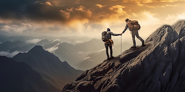 Conceito de trabalho em equipe com homem ajudando amigo a chegar ao topo da montanha
