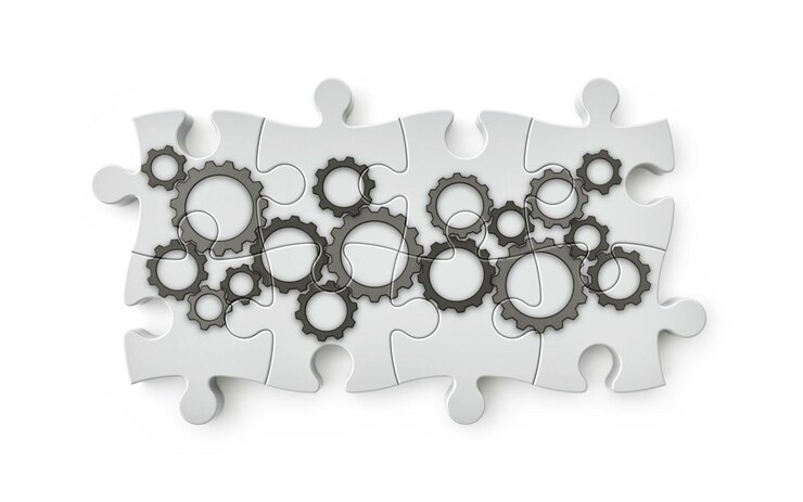 Foto conceito de trabalho em equipe de quebra-cabeça de corte de caminho 3d render