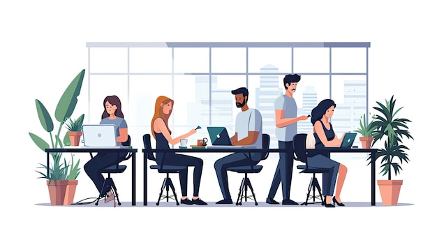 Conceito de trabalho em equipe Pessoas que trabalham no escritório Ilustração vetorial em estilo de desenho animado