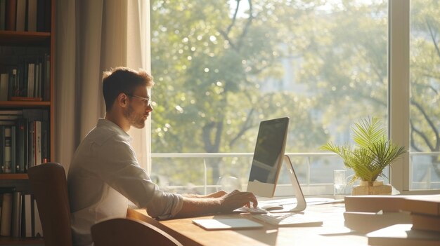 Conceito de trabalho remoto Homem digitando no computador em um escritório em casa iluminado pelo sol