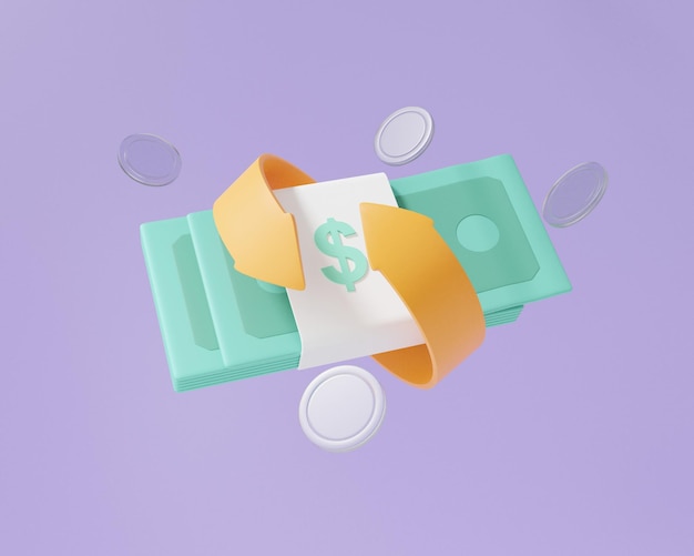 Conceito de transação de seta de cashback de notas moeda de pagamentos online flutuando no fundo roxo pagar reembolso de dinheiro mínimo cartoon 3d render ilustração