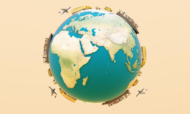 conceito de transporte de contêineres de carga em todo o mundo em cor de tom amarelo com avião de caminhão e van no globo renderização 3D