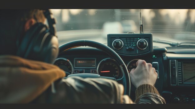 Foto conceito de transporte e veículo homem ouvindo música em um estéreo de carro