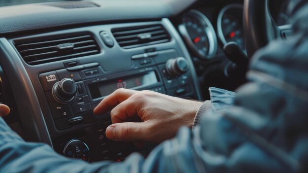 Conceito de transporte e veículo um homem usa um estéreo de carro para música