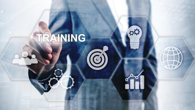 Conceito de treinamento de negócios Webinar de treinamento Elearning Tecnologia financeira e conceito de comunicação