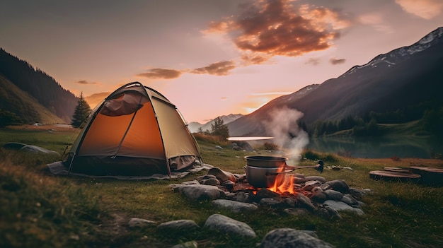 Conceito de turismo Acampamento de tendas nas montanhas IA gerativa