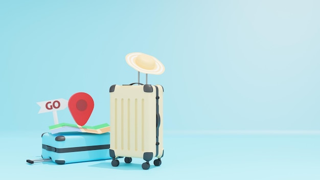 Conceito de turismo Viajar ao redor do mundo com mapa de gps e mala em fundo azul claro