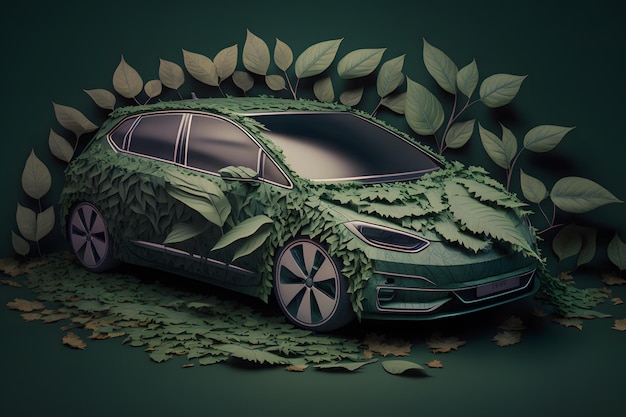 Conceito de um carro ecológico feito de folhas verdes Rede neural gerada por IA