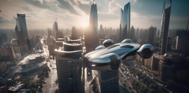 conceito de um carro voador na cidade entre arranha-céus ligações de transporte aéreo