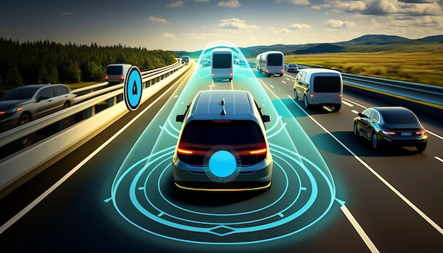 Conceito de um sistema de sensor de carro autônomo para a segurança do controle de carro em modo sem motorista Adaptável