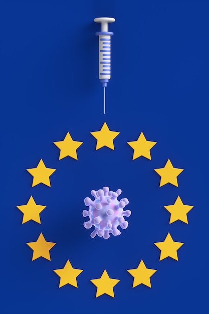 Conceito de vacinação contra o coronavírus Covid-19 no contexto da bandeira azul da União Europeia. Ilustração 3D render. Coronavírus e seringa no fundo da bandeira da UE.