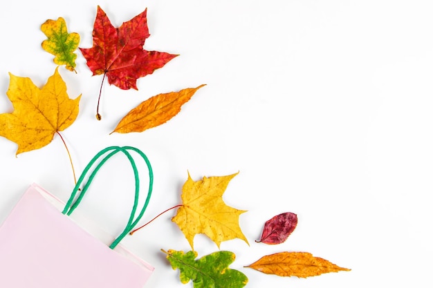 Conceito de venda de outono Banner de desconto Saco de compras de papel e folhas caídas coloridas em fundo branco