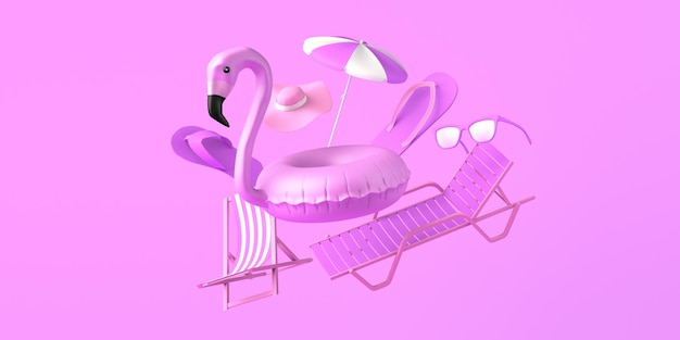 Conceito de verão com flamingo float guarda-chuva chinelos cadeira de praia e óculos de sol copiar espaço