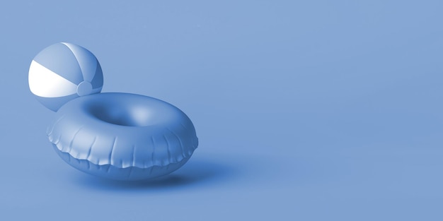Conceito de verão com flutuador de anel inflável e bola de praia Copie a ilustração 3D do espaço
