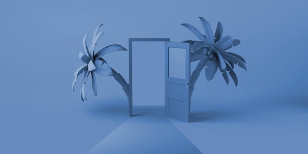 Foto conceito de verão com porta aberta e palmeiras tropicais copie a ilustração 3d do espaço