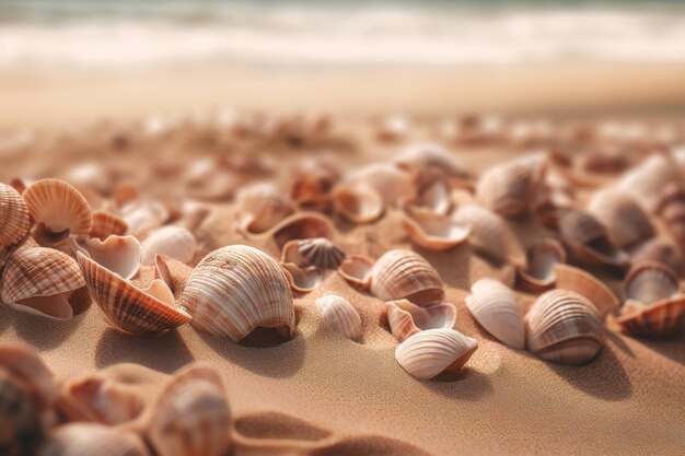 Conceito de verão fundo de praia arenosa com conchas geradas por IA
