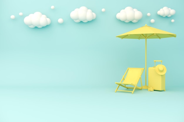 Foto conceito de verão mala e cadeira de praia com guarda-chuva 3d render ilustração de fundo