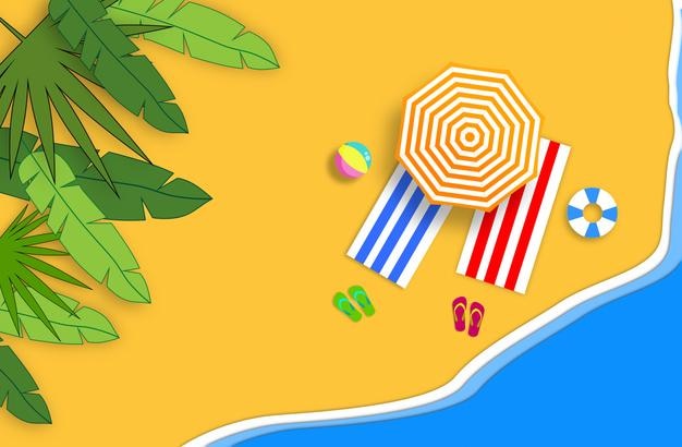 Conceito de verão mar de areia dourada e relaxar coloca composição de papel artesanal
