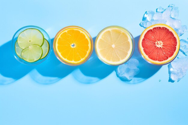 Conceito de verão Quatro copos com fatias de frutas de toranja de limão laranja em um fundo azul