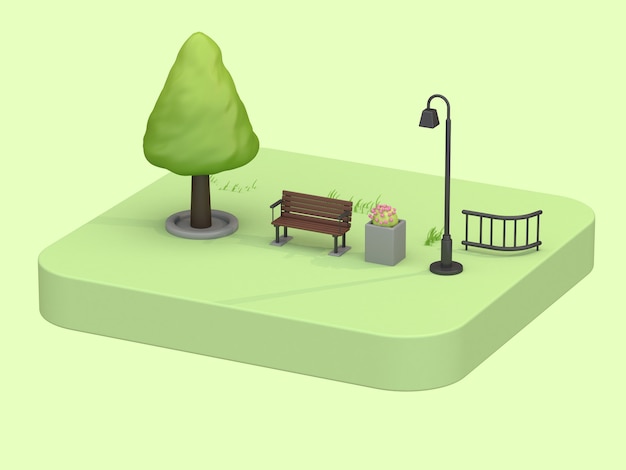 Conceito de verão verde isométrica parques 3d com baixo poli árvore cadeira lâmpada flores estilo cartoon