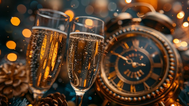 Conceito de véspera de Ano Novo Véspera de Anos Novos com relógio vintage dourado champanhe confeti e fogos de artifício