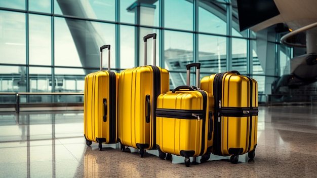 Conceito de viagem com bagagem em malas pretas e amarelas do aeroporto no terminal do aeroporto Generative AI