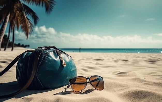 Conceito de viagem com óculos de sol e bolsa no oceano ou na areia da praia do mar